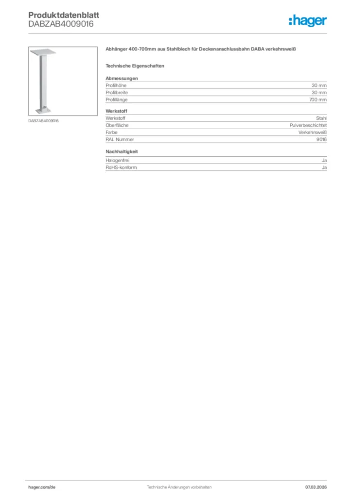 Bild Hager Produktdatenblatt DABZAB4009016 | Hager Deutschland