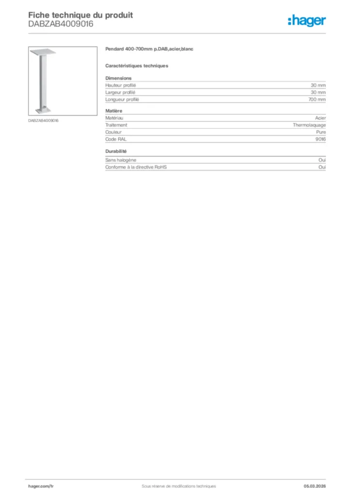 Image Hager Fiche technique du produit DABZAB4009016 | Hager France