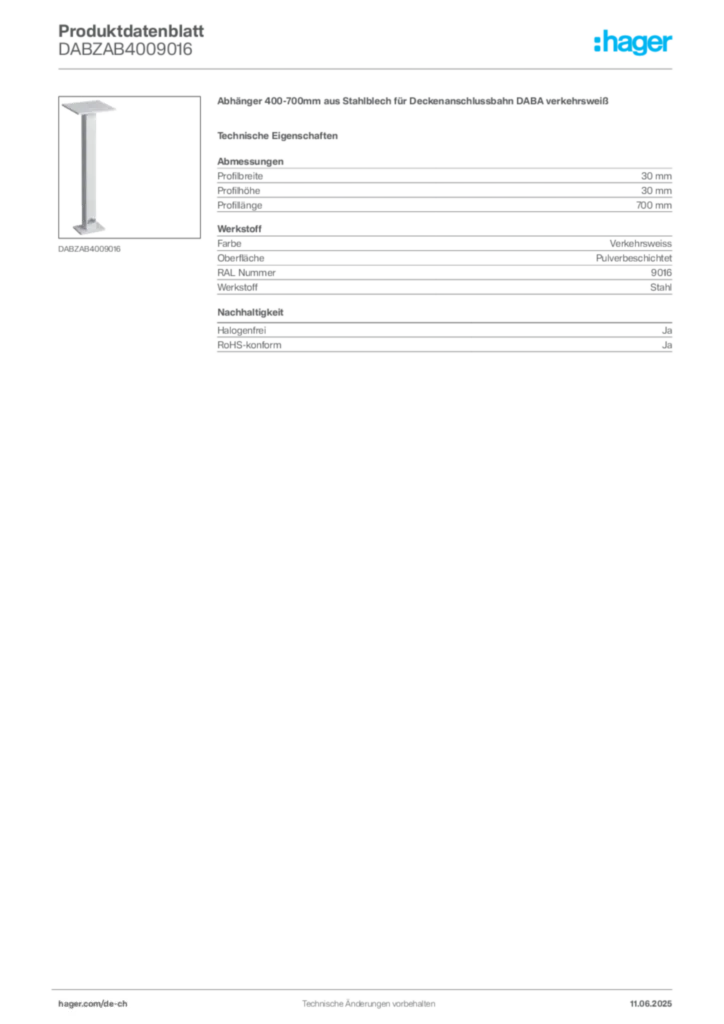 Bild Hager Produktdatenblatt DABZAB4009016 | Hager Schweiz