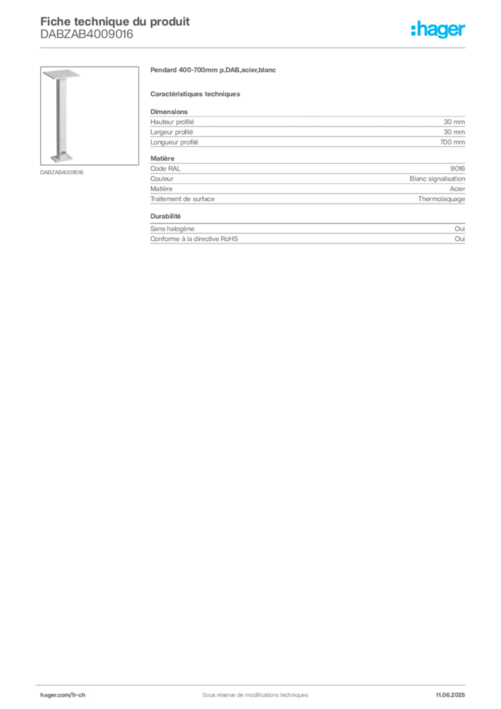 Image Hager Fiche technique du produit DABZAB4009016 | Hager Suisse