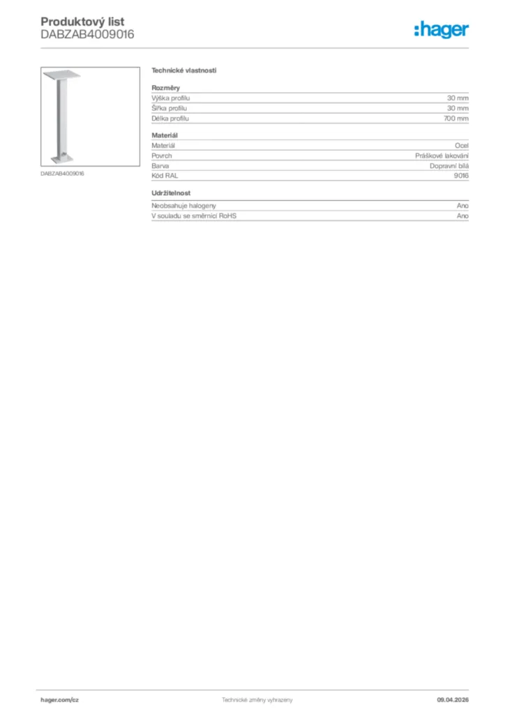 Obrázek Hager Product data sheet DABZAB4009016 | Hager