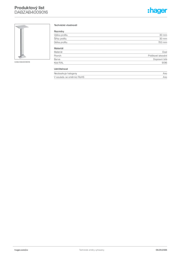 Obrázek Hager Produktový list DABZAB4009016 | Hager