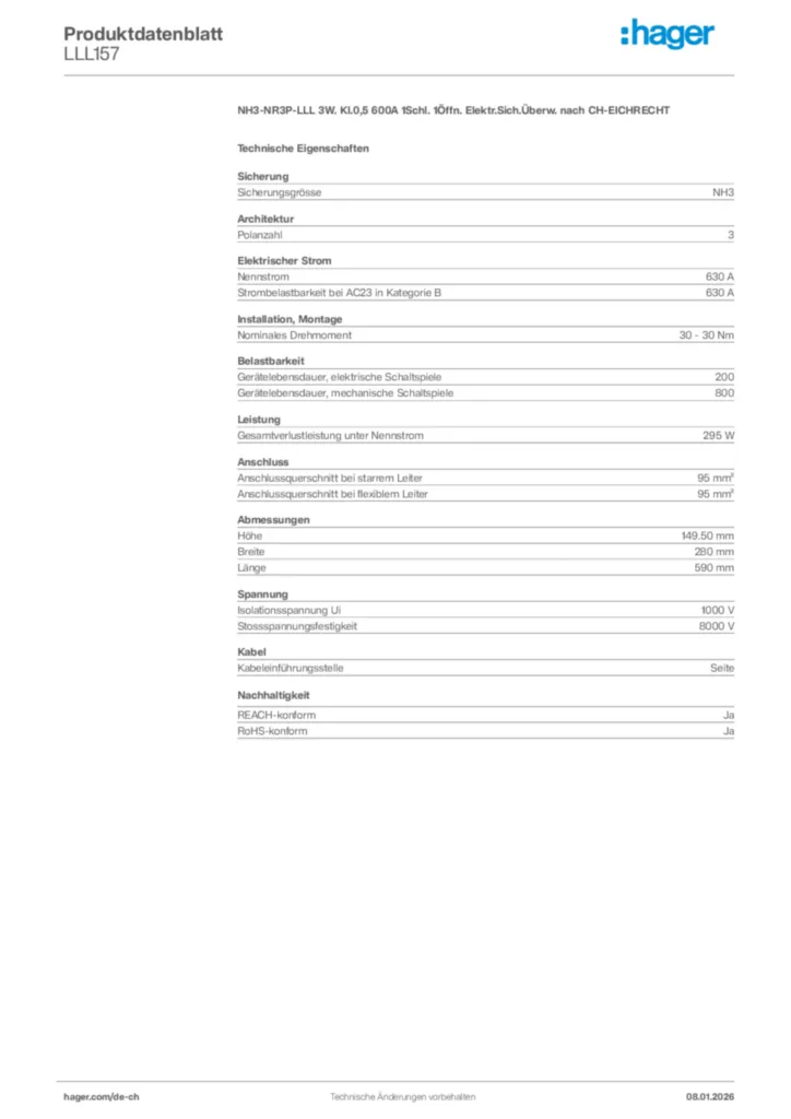 Bild Hager Produktdatenblatt LLL157 | Hager Schweiz