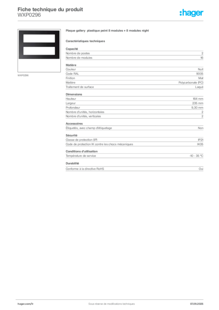 Image Hager Fiche technique du produit WXP0296 | Hager France