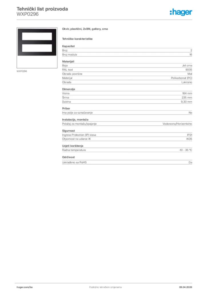 Slika Hager Tehnički list proizvoda WXP0296  | Hager