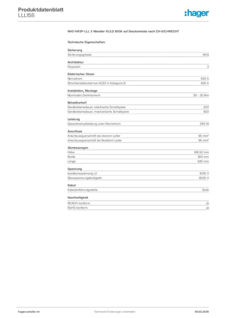 Bild Hager Produktdatenblatt LLL158 | Hager Schweiz