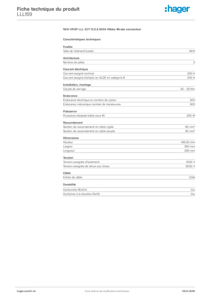 Image Hager Fiche technique du produit LLL159 | Hager Suisse