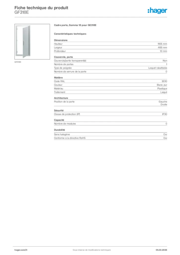 Image Hager Fiche technique du produit GF318E | Hager France