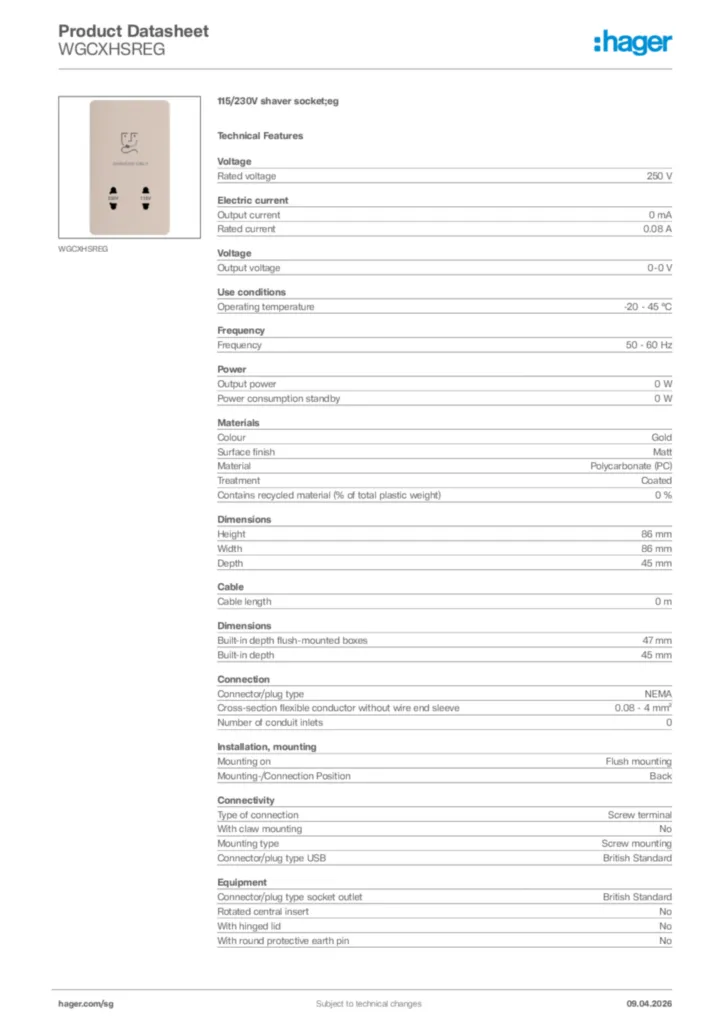 Image Hager Product data sheet WGCXHSREG  | Hager