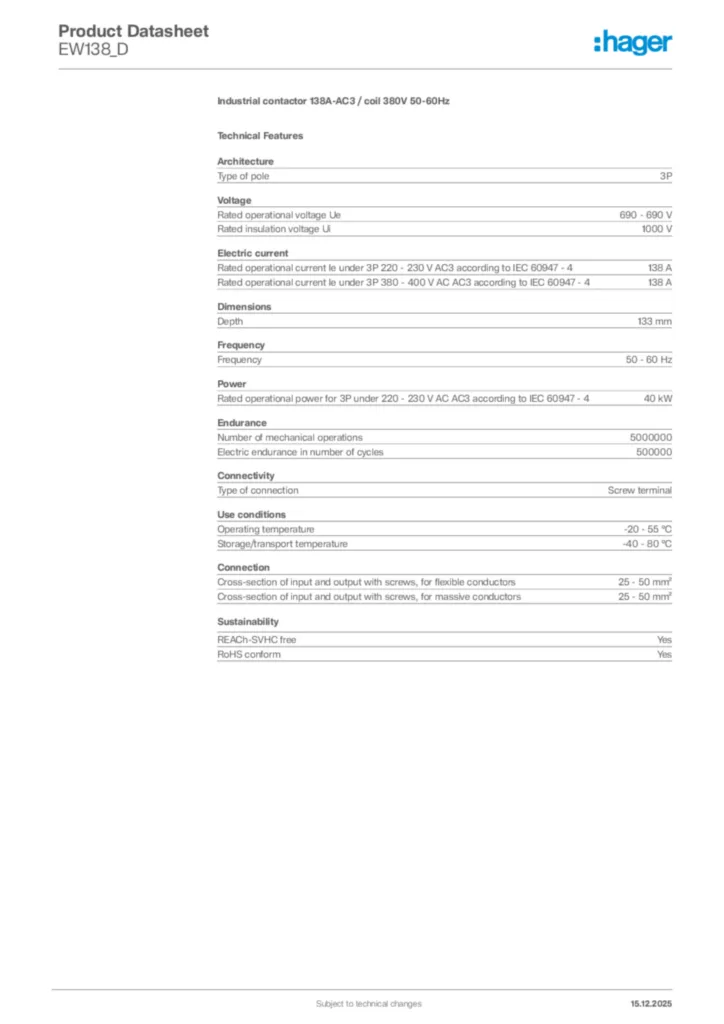 Image Hager Product data sheet EW138_D  | Hager Africa