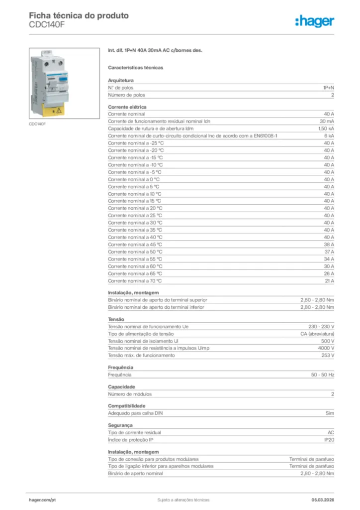 Imagem Hager Ficha técnica do produto CDC140F | Hager Portugal