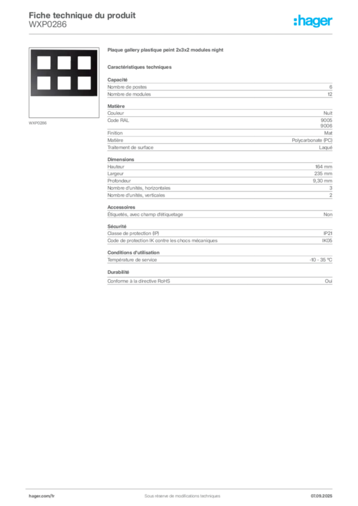 Image Hager Fiche technique du produit WXP0286 | Hager France