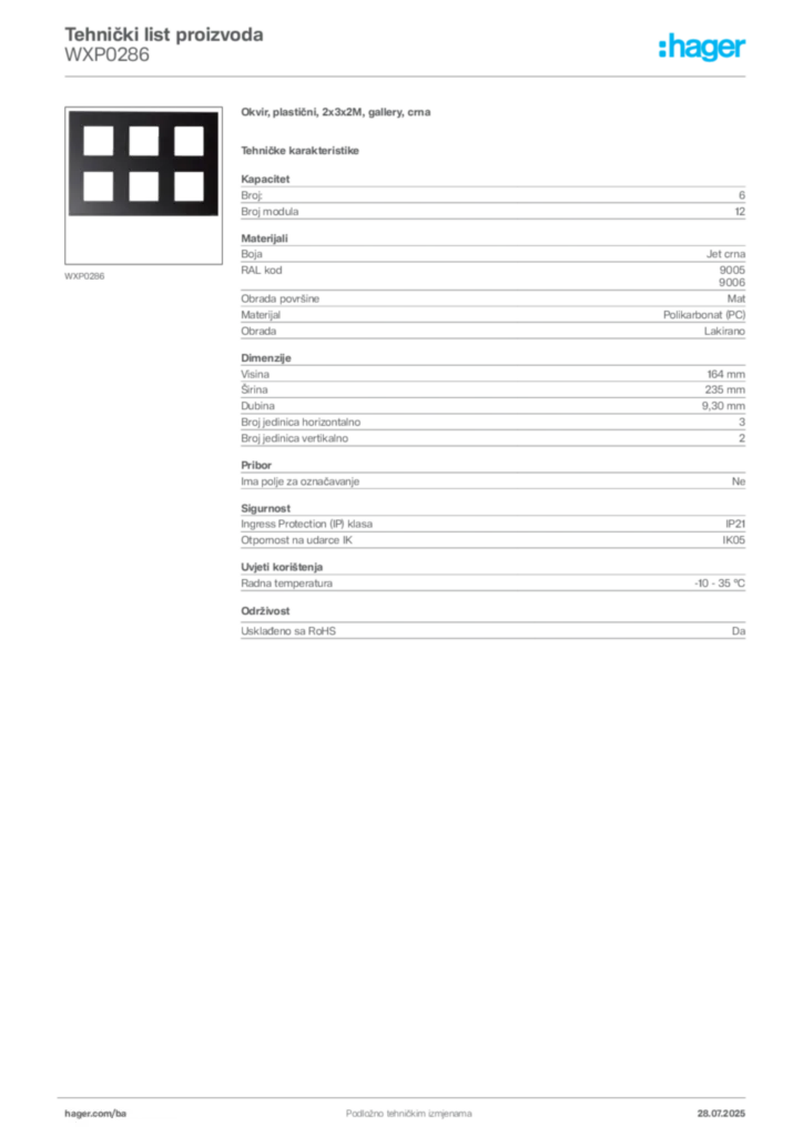 Slika Hager Product data sheet WXP0286  | Hager