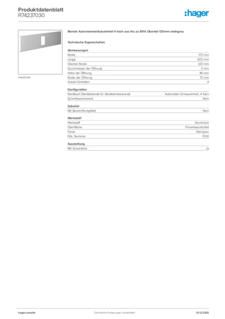 Bild Hager Produktdatenblatt R74237030 | Hager Deutschland