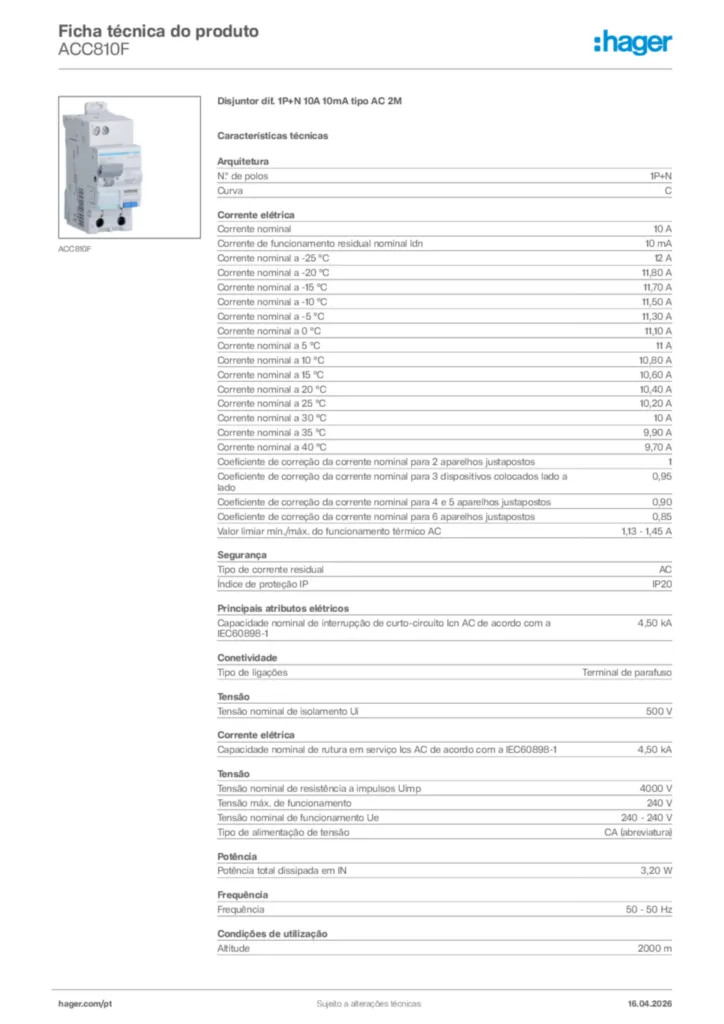 Imagem Hager Ficha técnica do produto ACC810F | Hager Portugal