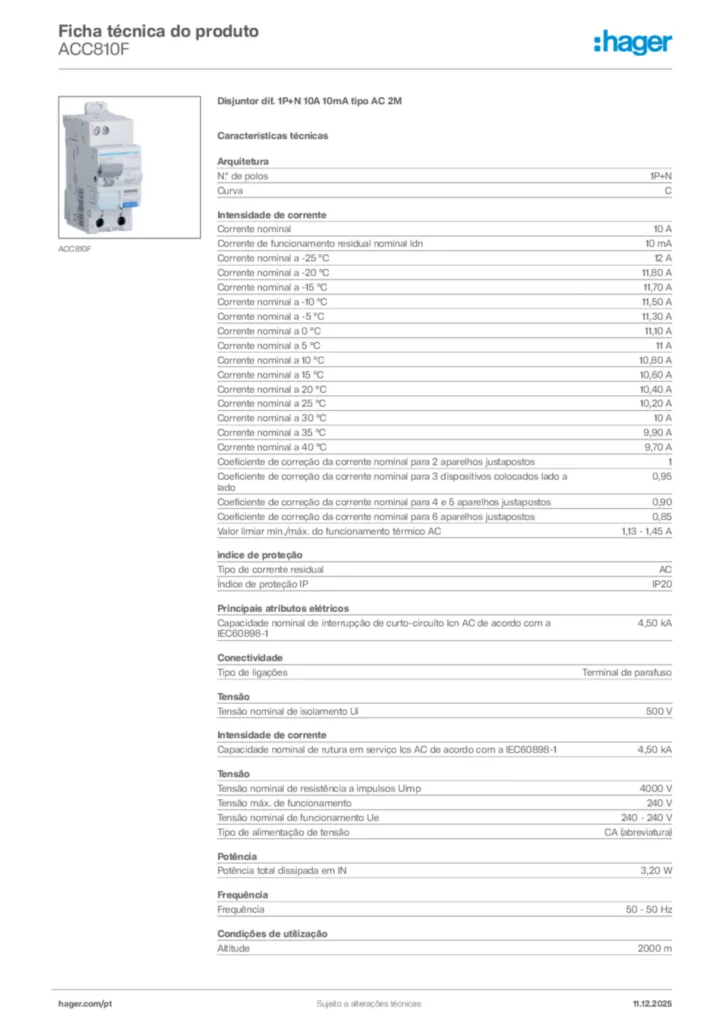 Imagem Hager Ficha técnica do produto ACC810F | Hager Portugal