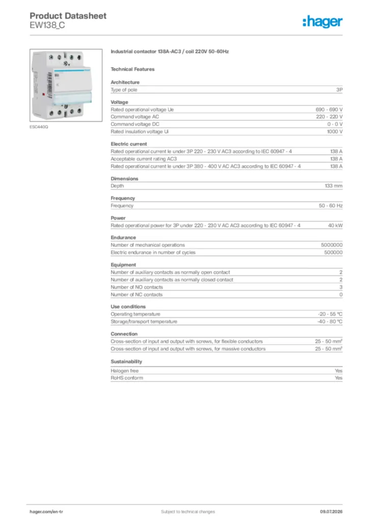 Image Hager Product data sheet EW138_C  | Hager