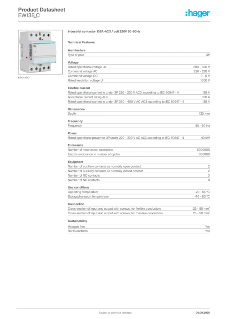 Image Hager Product data sheet EW138_C  | Hager