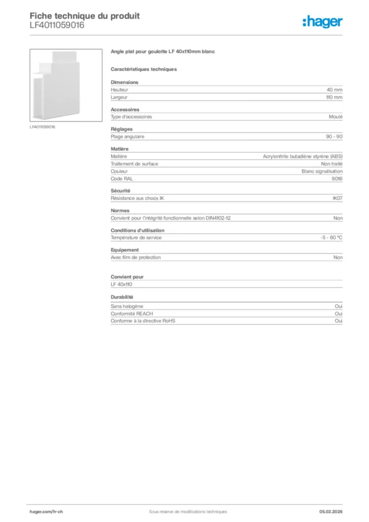 Image Hager Fiche technique du produit LF4011059016 | Hager Suisse
