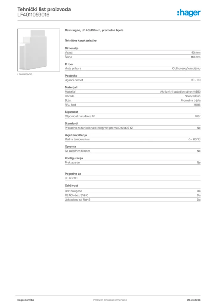 Slika Hager Tehnički list proizvoda LF4011059016  | Hager
