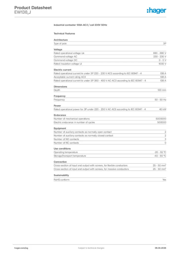 Image Hager Product data sheet EW138_J  | Hager