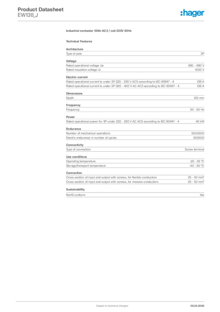 Image Hager Product data sheet EW138_J  | Hager Africa