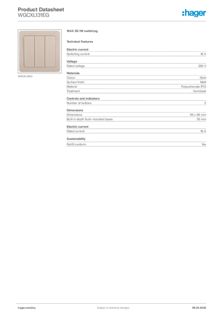 Image Hager Product data sheet WGCXL131EG  | Hager
