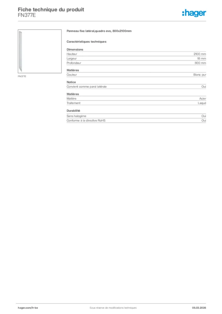 Image Hager Fiche technique du produit FN377E | Hager Belgique