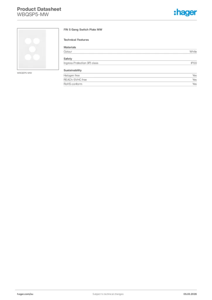 Image Hager Product data sheet WBQSP5-MW  | Hager Australia