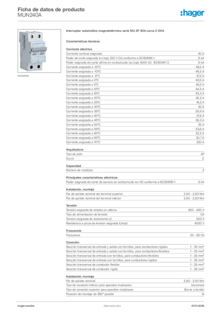 Imagen Hager Ficha de datos de producto MUN240A | Hager España