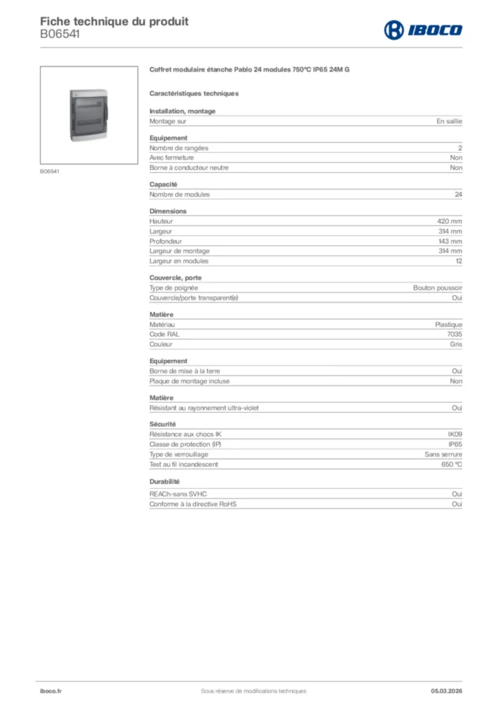 Image Iboco Fiche technique du produit B06541 | Hager France