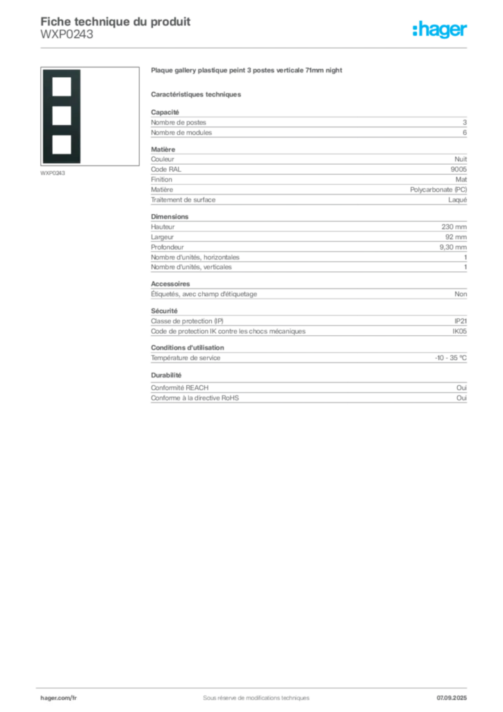 Image Hager Fiche technique du produit WXP0243 | Hager France
