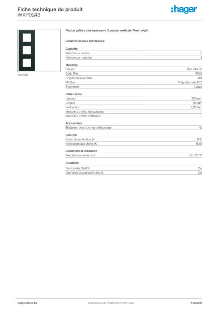 Image Hager Fiche technique du produit WXP0243 | Hager Belgique