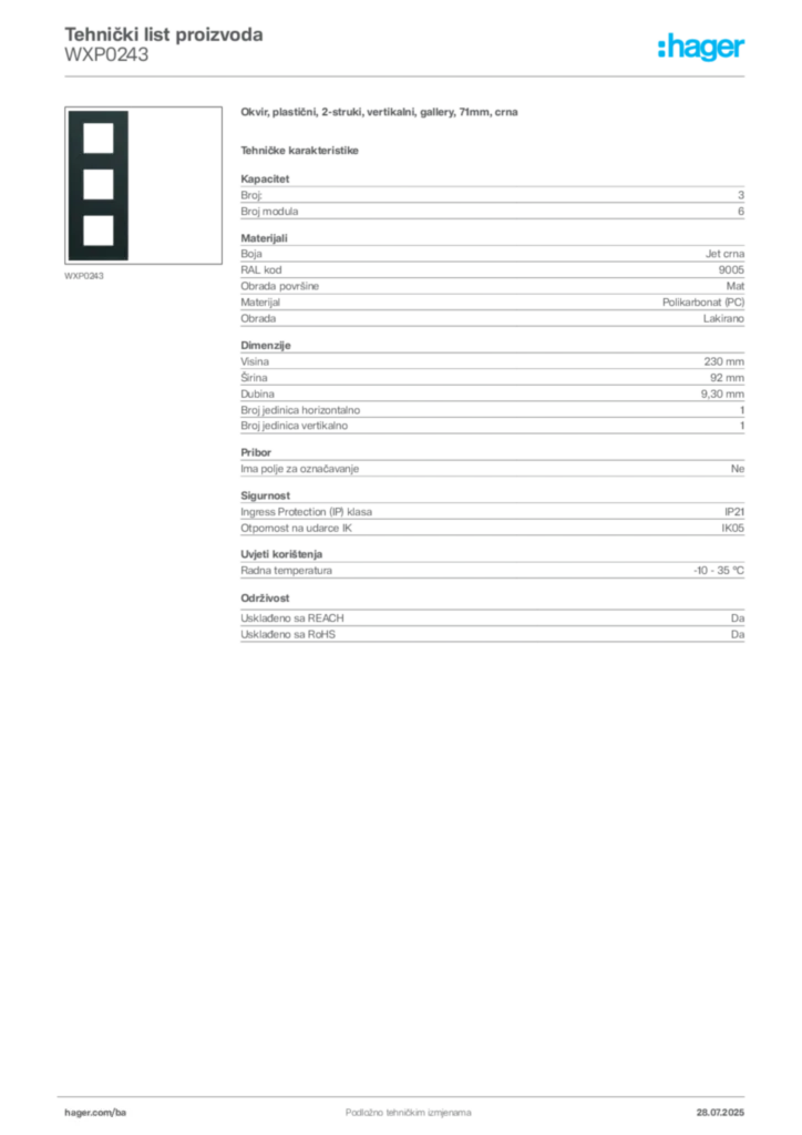 Slika Hager Product data sheet WXP0243  | Hager