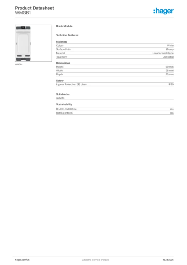 Image Hager Product data sheet WMGB1  | Hager