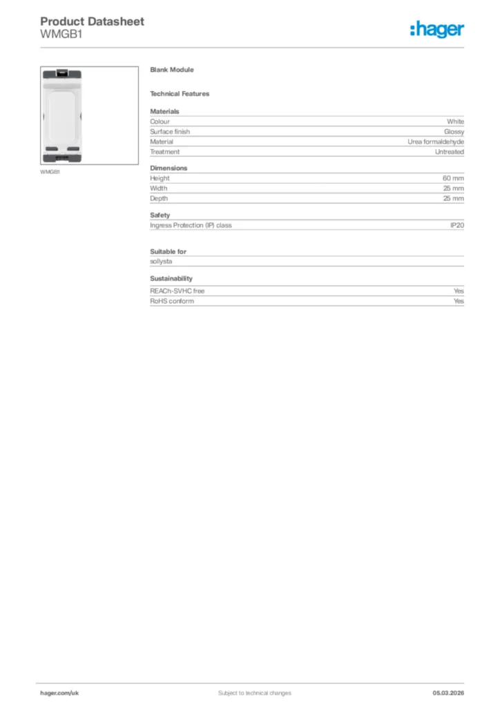 Image Hager Product data sheet WMGB1  | Hager