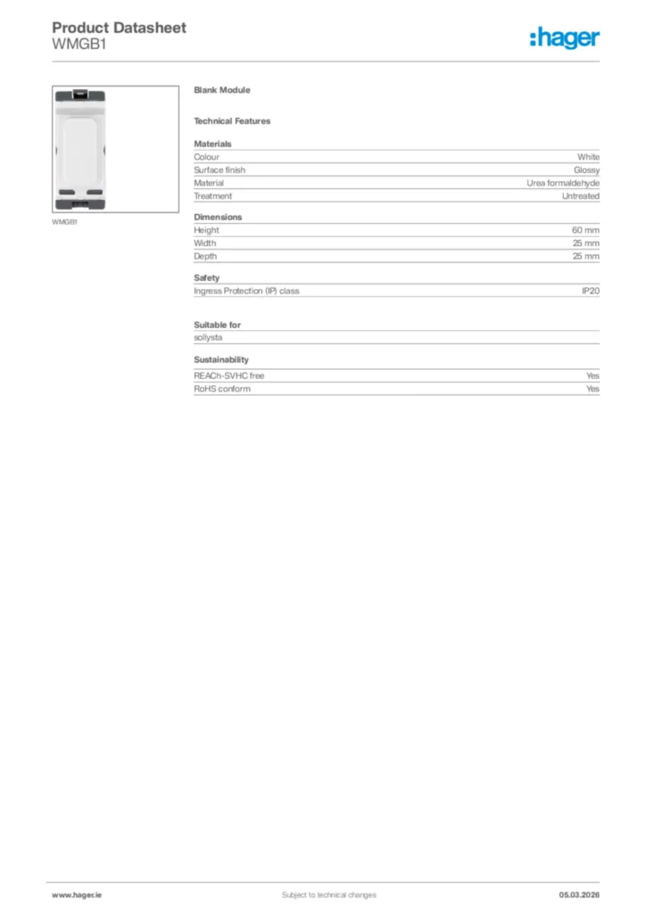 Image Hager Product data sheet WMGB1  | Hager