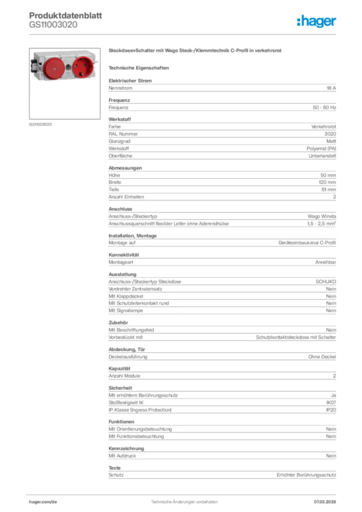 Bild Hager Produktdatenblatt GS11003020 | Hager Deutschland
