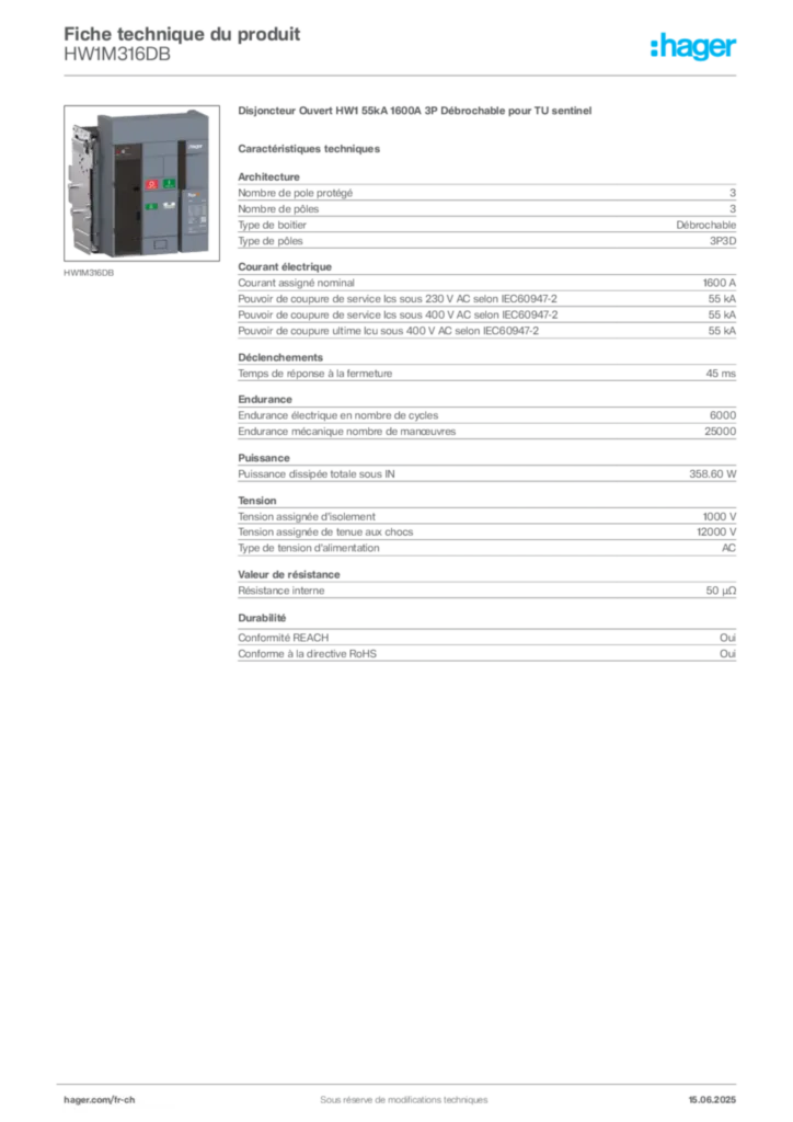 Image Hager Fiche technique du produit HW1M316DB | Hager Suisse