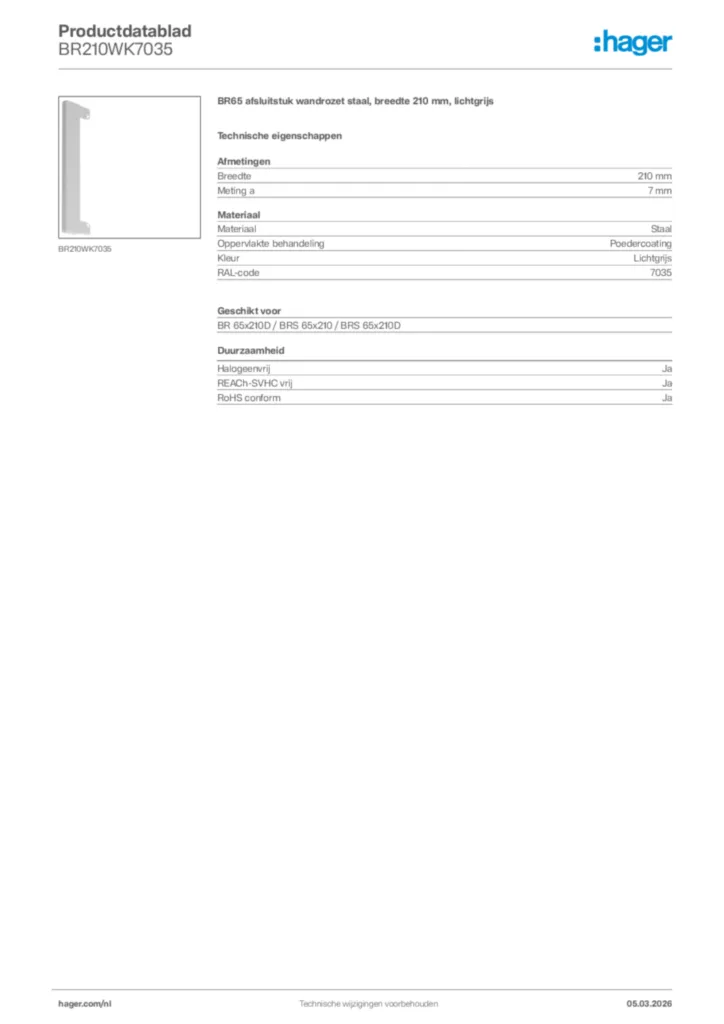 Afbeelding Hager Productdatablad BR210WK7035 | Hager Nederland