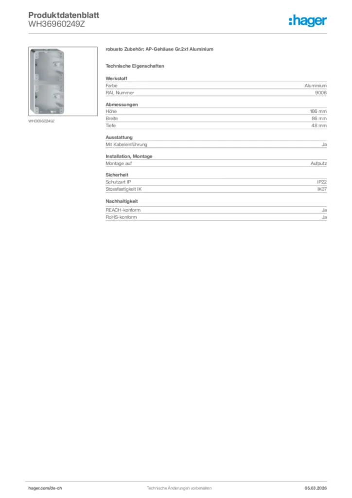 Bild Hager Produktdatenblatt WH36960249Z | Hager Schweiz