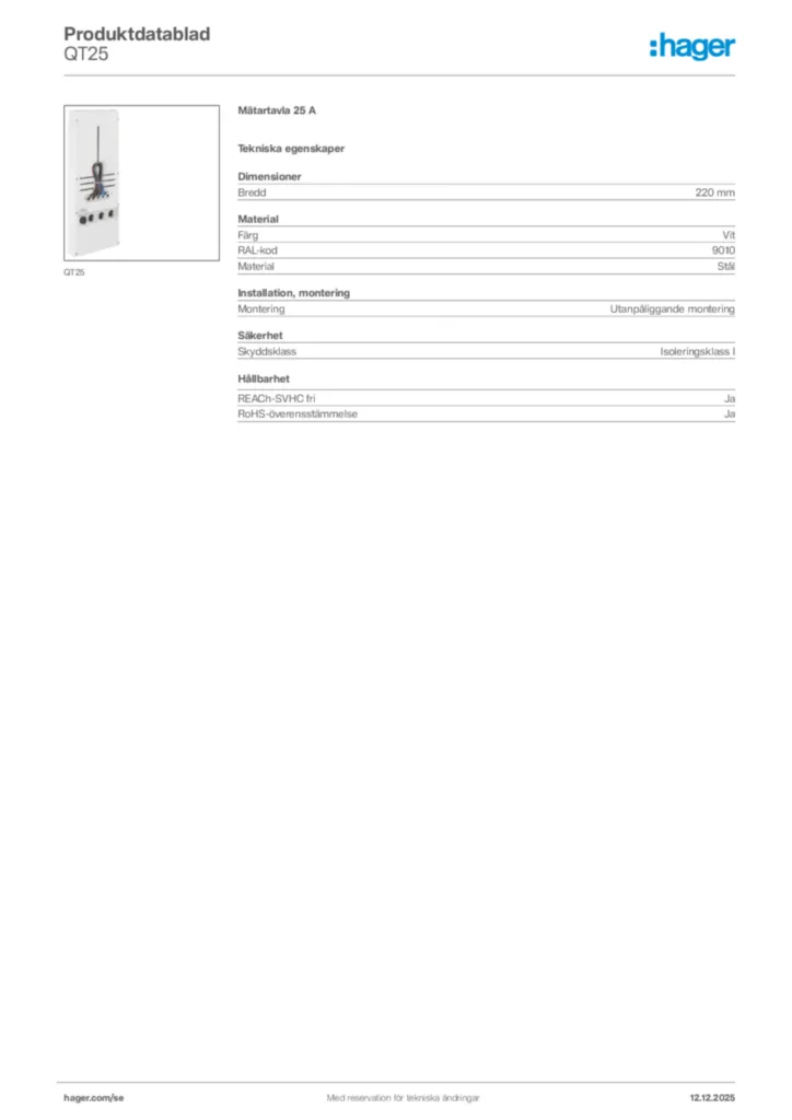 Bild Hager Produktdatablad QT25 | Hager Sverige