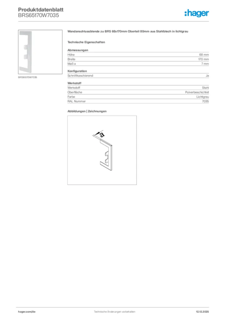 Bild Hager Produktdatenblatt BRS65170W7035 | Hager Deutschland