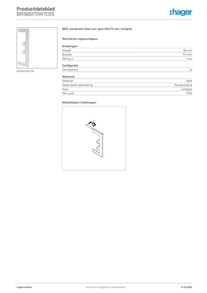 Afbeelding Hager Productdatablad BRS65170W7035 | Hager Nederland