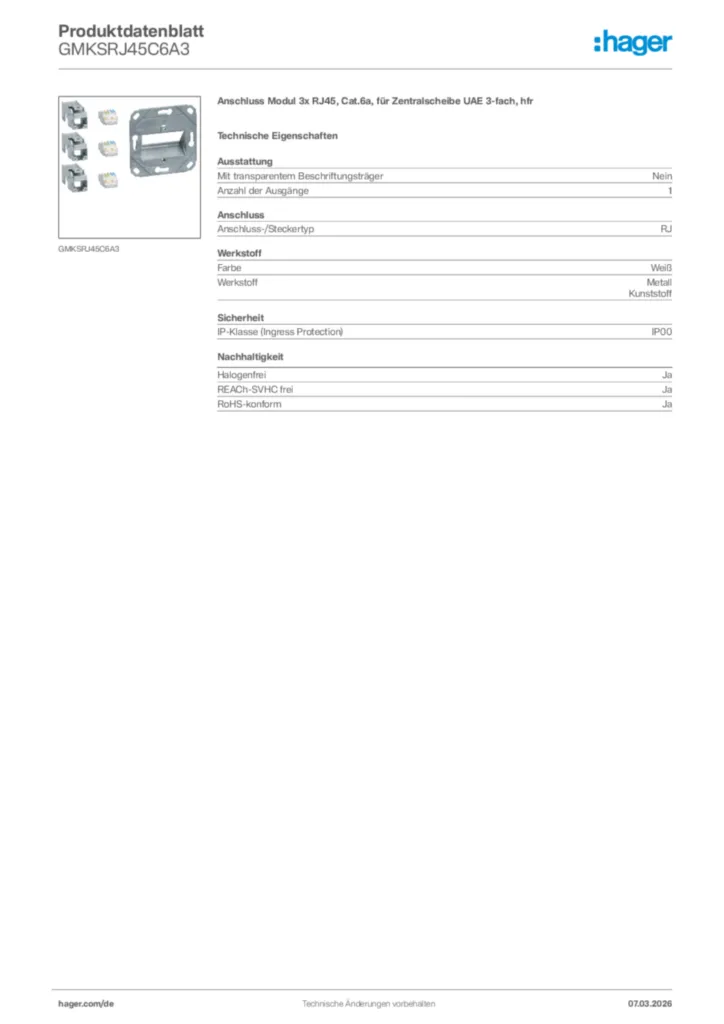 Bild Hager Produktdatenblatt GMKSRJ45C6A3 | Hager Deutschland