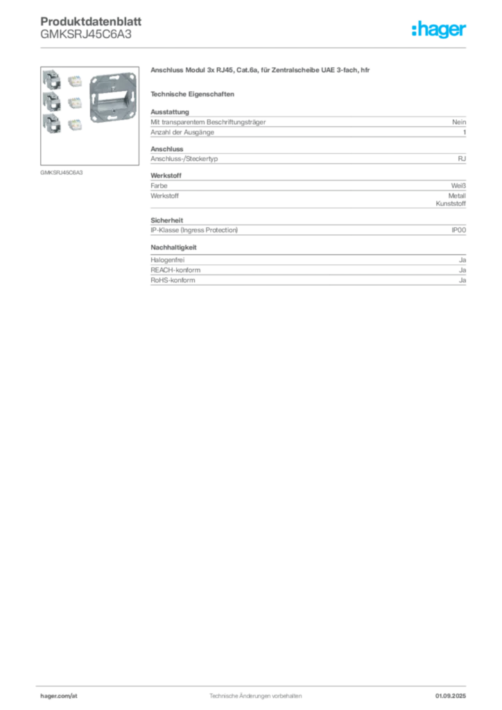 Bild Hager Produktdatenblatt GMKSRJ45C6A3 | Hager Deutschland