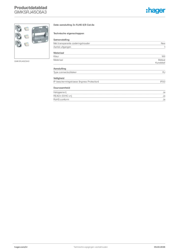 Afbeelding Hager Productdatablad GMKSRJ45C6A3 | Hager Nederland
