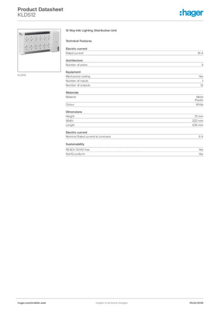 Image Hager Product data sheet KLDS12  | Hager