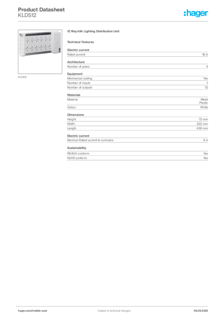 Image Hager Product data sheet KLDS12  | Hager