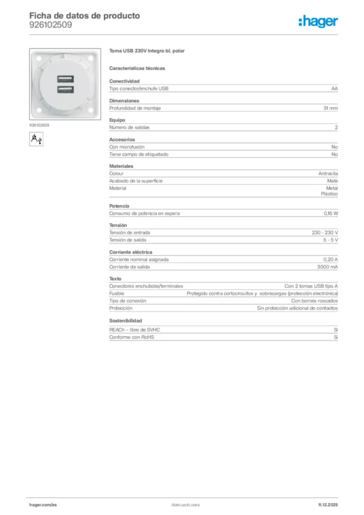 Imagen Hager Ficha de datos de producto 926102509 | Hager España